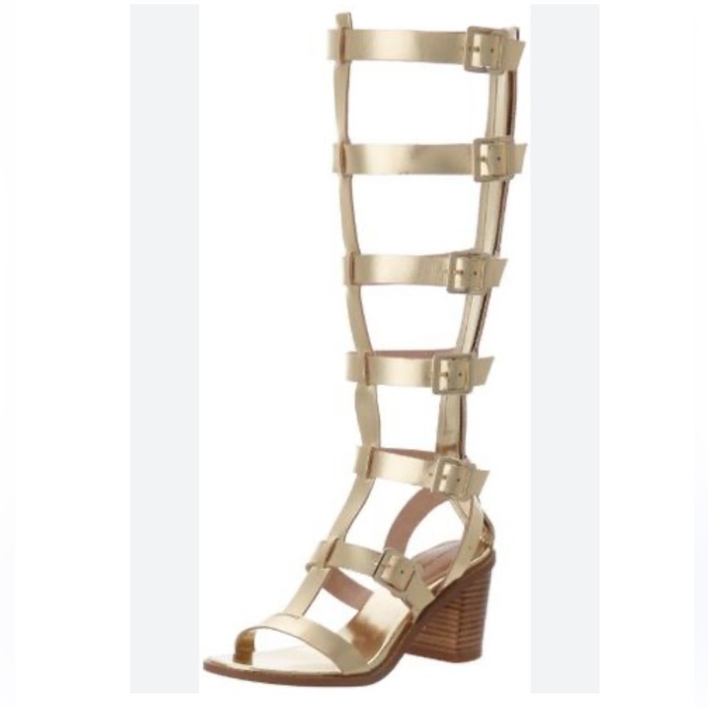 Gold Gladiator Sandal with Block Heel